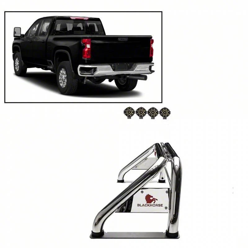 Atlas Roll Bar with 7-Inch Black Round LED Lights; Stainless Steel (07-26 Silverado 3500 HD)