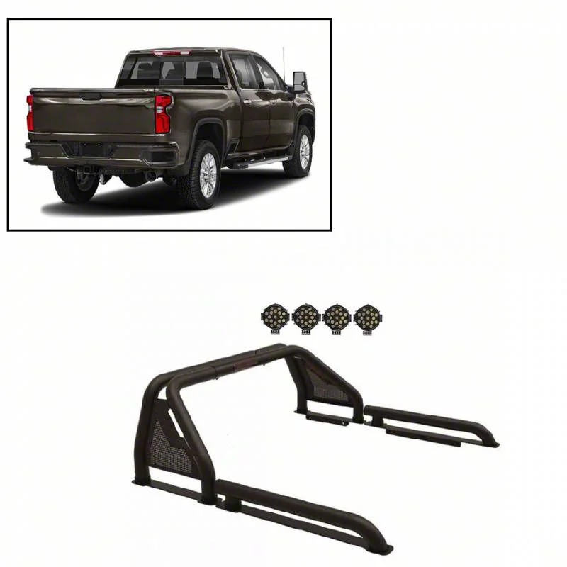 Gladiator Roll Bar with 7-Inch Black Round LED Lights; Black (07-26 Silverado 3500 HD)