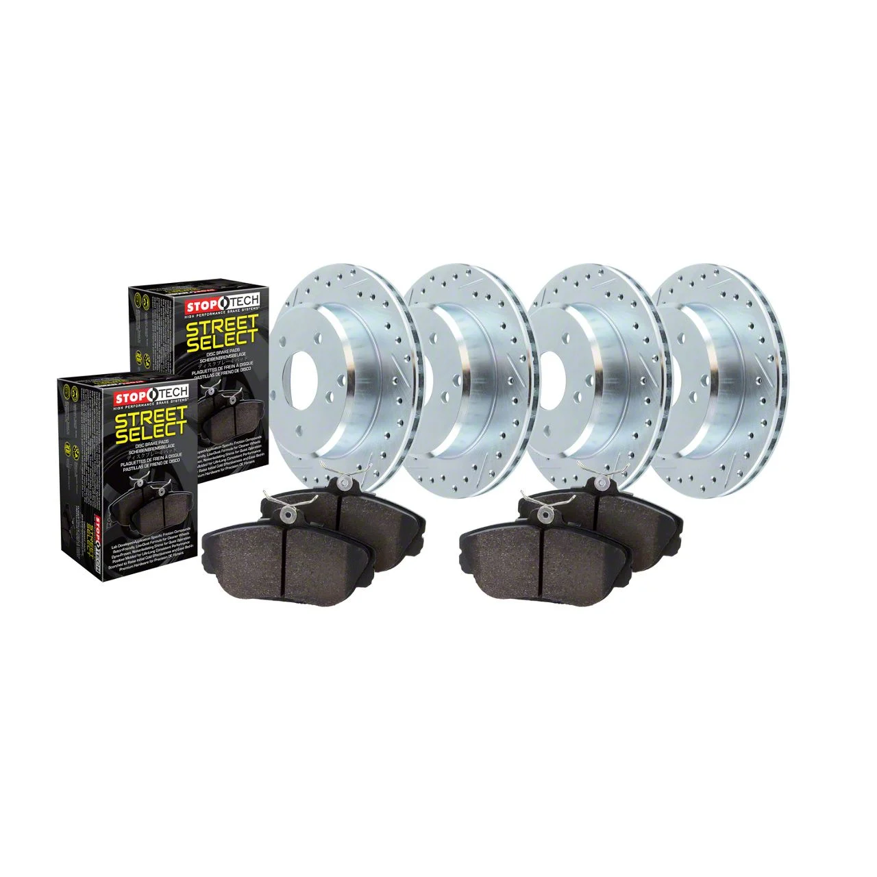 StopTech Sport Drilled and Slotted Brake Rotor and Pad Kit; Front and Rear (06-23 V6 Charger w/ Single Piston Front Calipers)