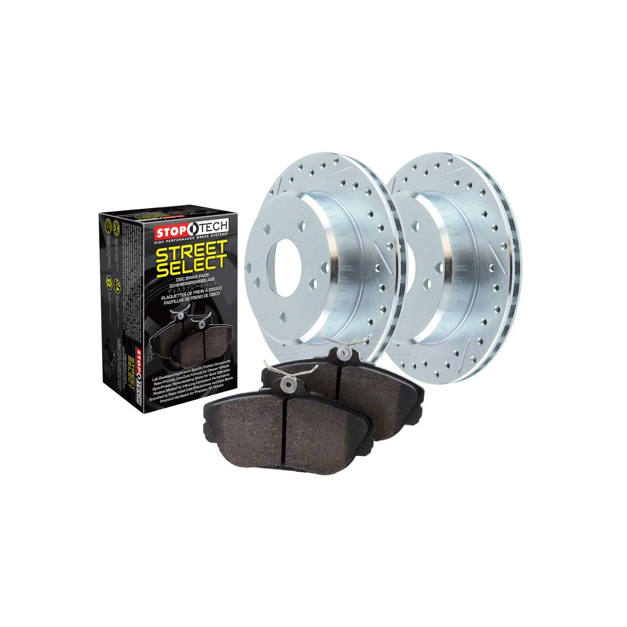 StopTech Sport Axle Drilled and Slotted Brake Rotor and Pad Kit; Rear (06-14 Charger SRT8; 15-17 Charger Scat Pack; 2017 Charger R/T 392; 18-23 Charger w/ 4-Piston Front Calipers)
