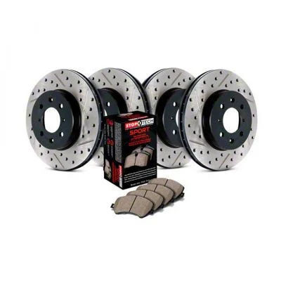 StopTech Sport Axle Slotted and Drilled 8-Lug Brake Rotor and Pad Kit; Front and Rear (12-22 4WD F-350 Super Duty SRW)