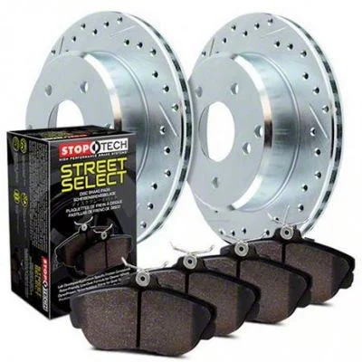 StopTech Sport Axle Drilled and Slotted 6-Lug Brake Rotor and Pad Kit; Front and Rear (14-18 Silverado 1500)