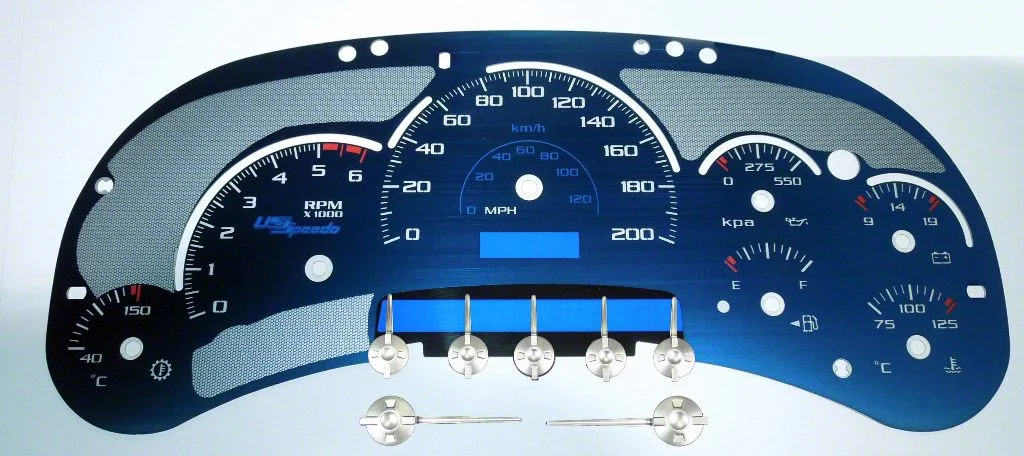 US Speedo Aqua Edition Gauge Face; KMH (03-05 Sierra 1500 w/ Transmission Temperature Gauge)