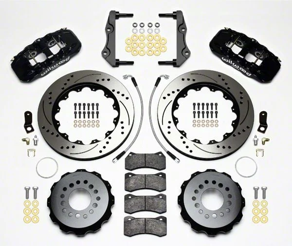 Wilwood AERO4 Rear Big Brake Kit with Drilled and Slotted Rotors; Black Calipers (12-13 RWD Charger, Excluding SRT8; 14-16 Charger R/T, SE, SXT)
