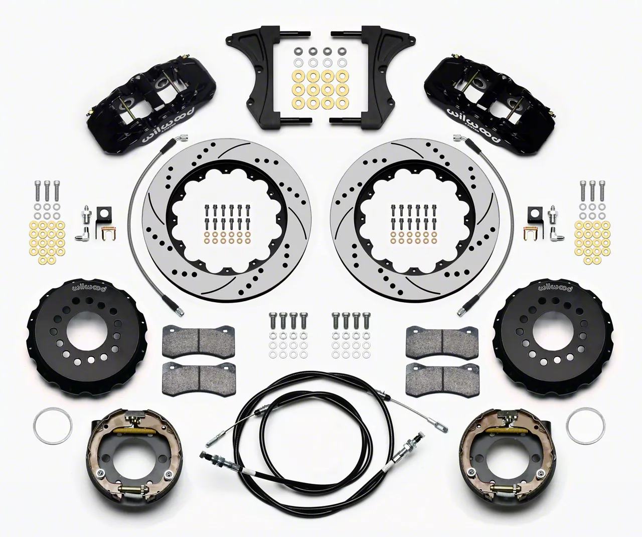 Wilwood AERO4 Rear Big Brake Kit with Drilled and Slotted Rotors; Black Calipers (05-14 Mustang w/ BMR Suspension)