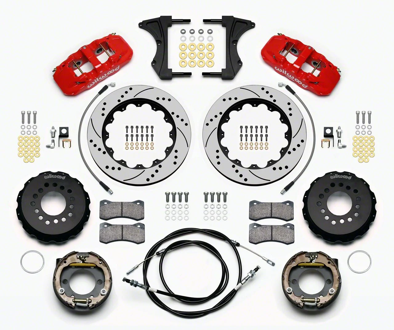 Wilwood AERO4 Rear Big Brake Kit with Drilled and Slotted Rotors; Red Calipers (05-14 Mustang w/ BMR Suspension)