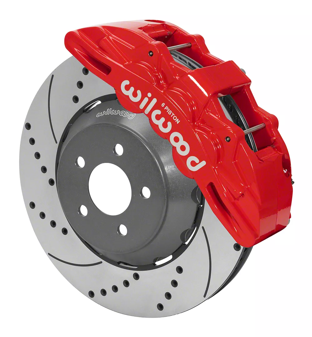 Wilwood SX6R Dynamic Front Big Brake Kit with 14-Inch Drilled and Slotted Rotors; Red Calipers (15-23 Mustang)