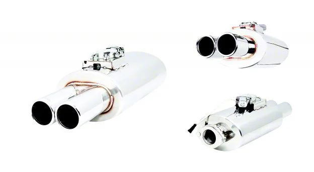 XForce Varex Valved Center/Twin-Out Oval Muffler with 3-Inch Tips; 2.50-Inch Inlet (Universal; Some Adaptation May Be Required)